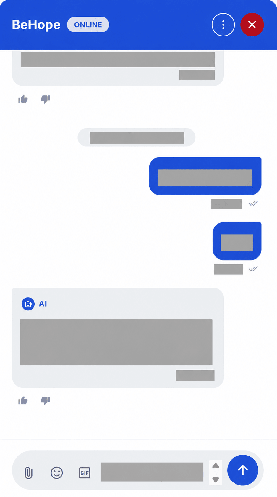 BeHope customer-facing chat widget with conversation content redacted